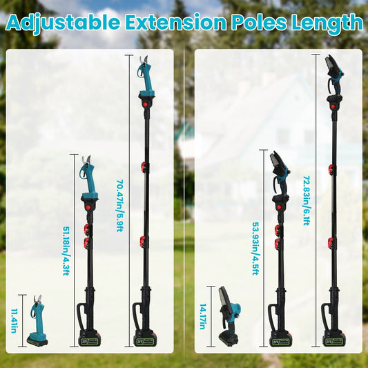 4 In 1 Cordless Pruning Shear And Electric Chainsaw With Max 5.5FT Extension Poles 4in Or 6in Pole Saw SK5 Blade Brushless Pruning Shear With 2Pcs 3.0Ah Batteries For Garden Yard