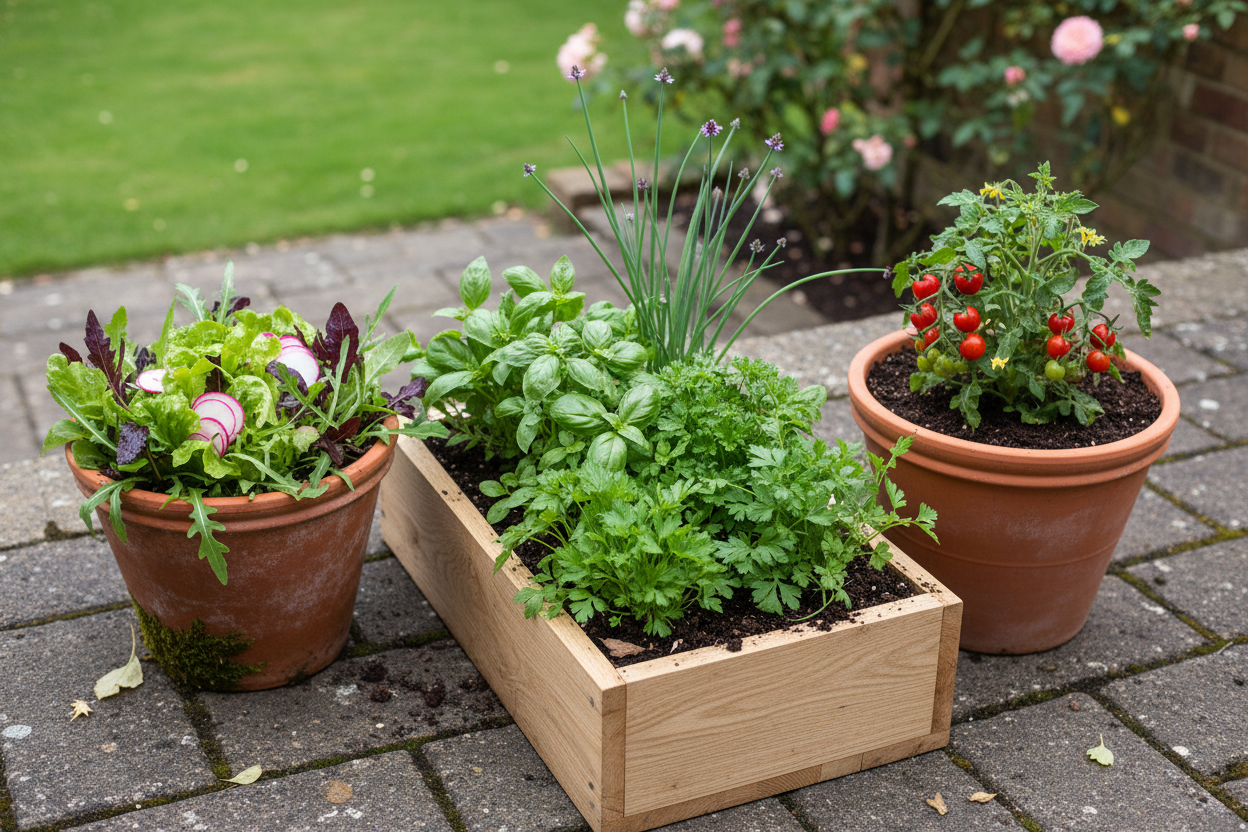 Three container pots on a UK patio showing the 3-container method: salad leaves, herbs and a tomato plant — SoilCommander