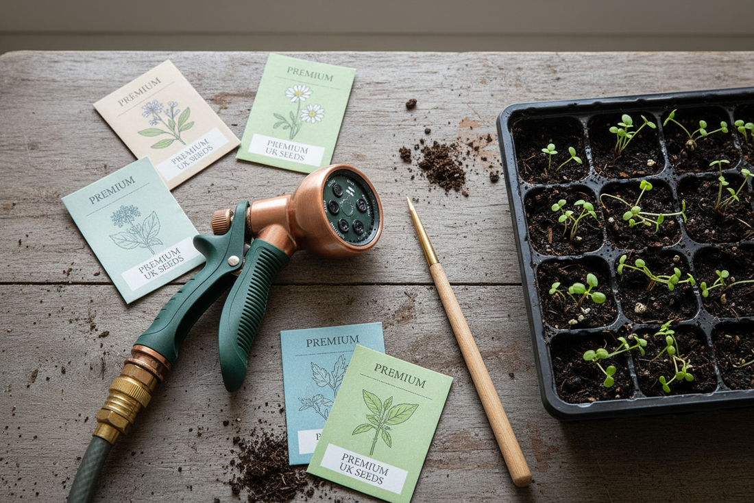Adjustable multi-pattern garden hose nozzle on a wooden potting bench with seed packets and germinating seedlings