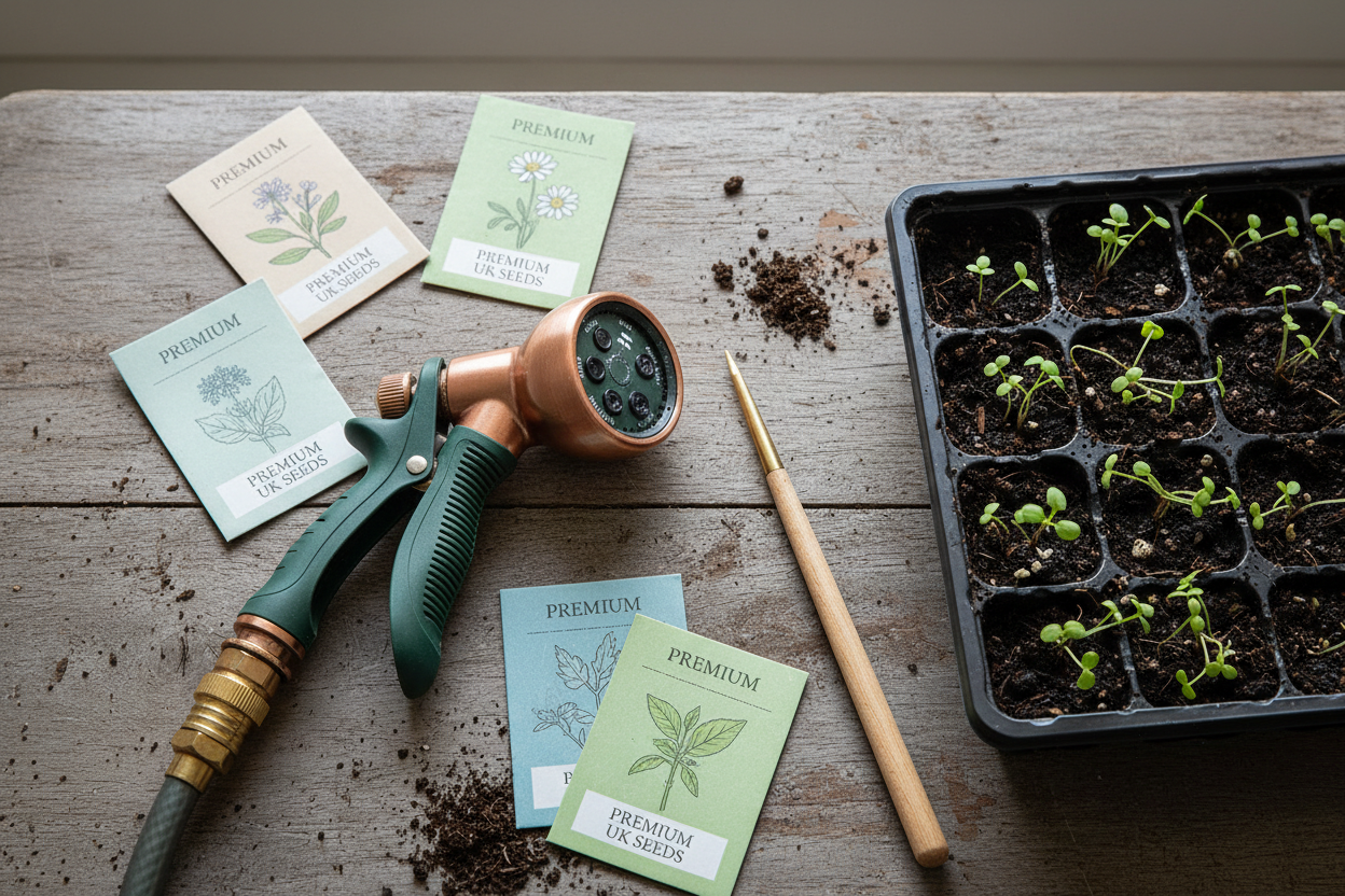 Adjustable multi-pattern garden hose nozzle on a wooden potting bench with seed packets and germinating seedlings