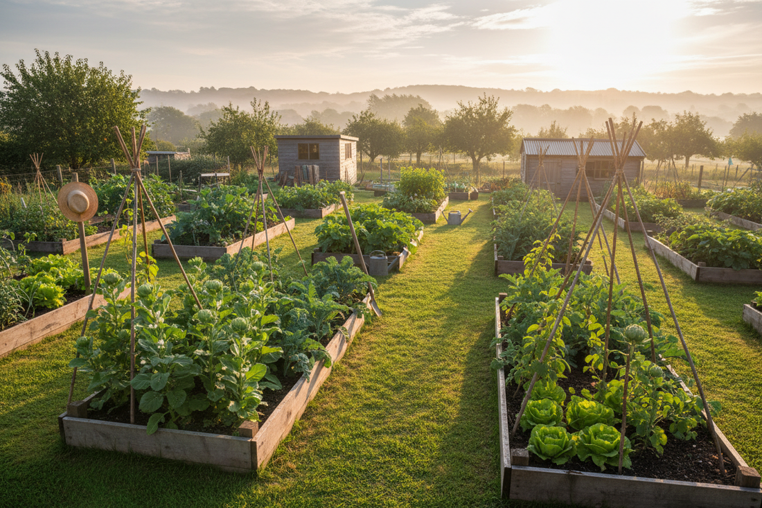 Neat grass paths between raised vegetable beds on a UK allotment in morning light