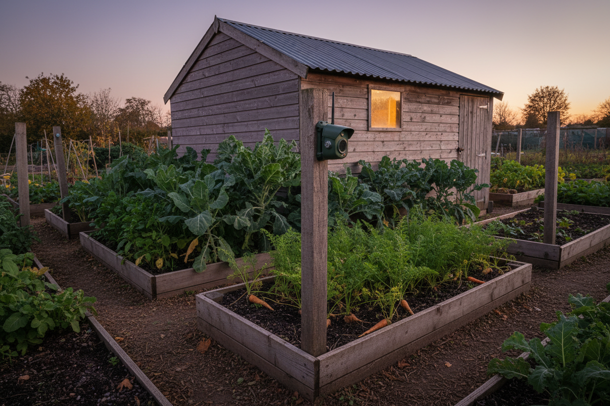 Security camera mounted on allotment shed post overlooking raised vegetable beds at dusk — SoilCommander