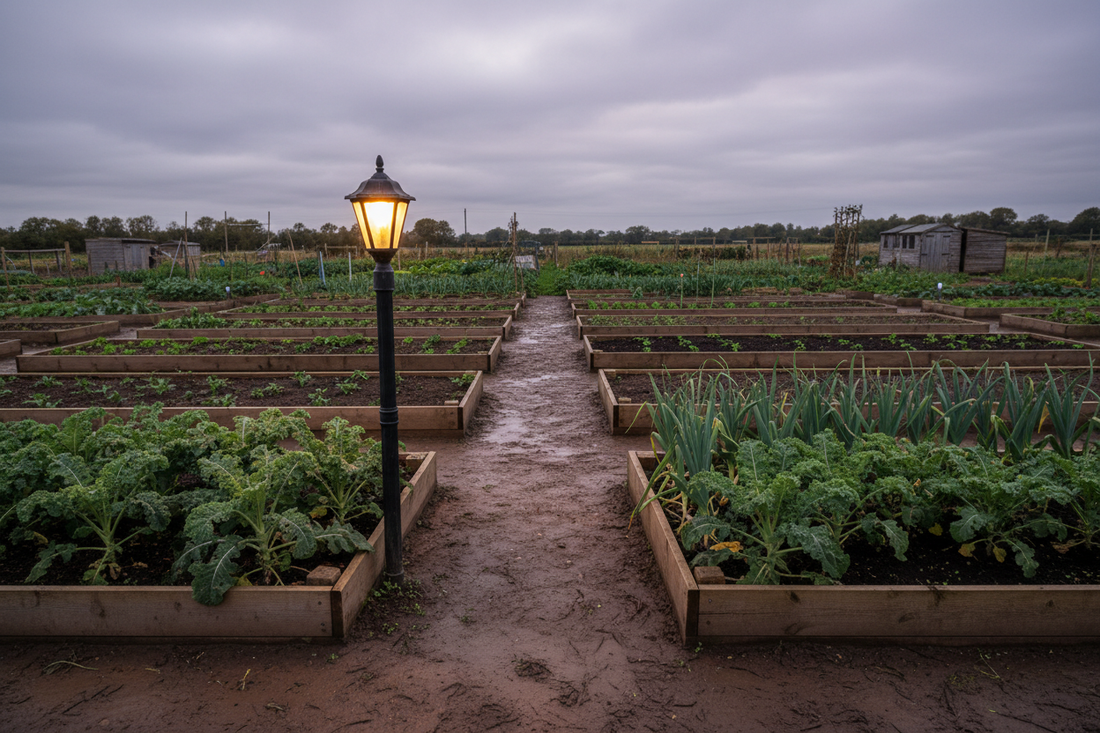 Solar lamp post glowing at the corner of a raised vegetable bed path on a UK allotment at dusk