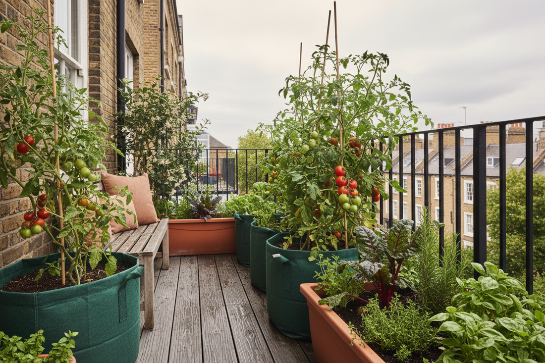 Fabric grow bags and deep troughs with tomatoes and chard on a UK balcony garden