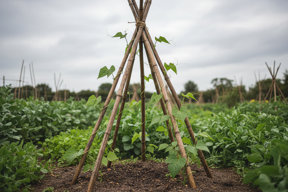 Bamboo cane wigwam support for runner beans in a UK vegetable garden