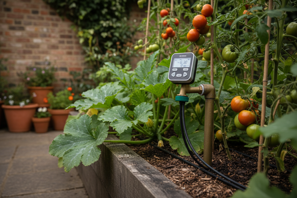 Battery tap timer attached to garden tap with drip irrigation lines running along a UK raised vegetable bed