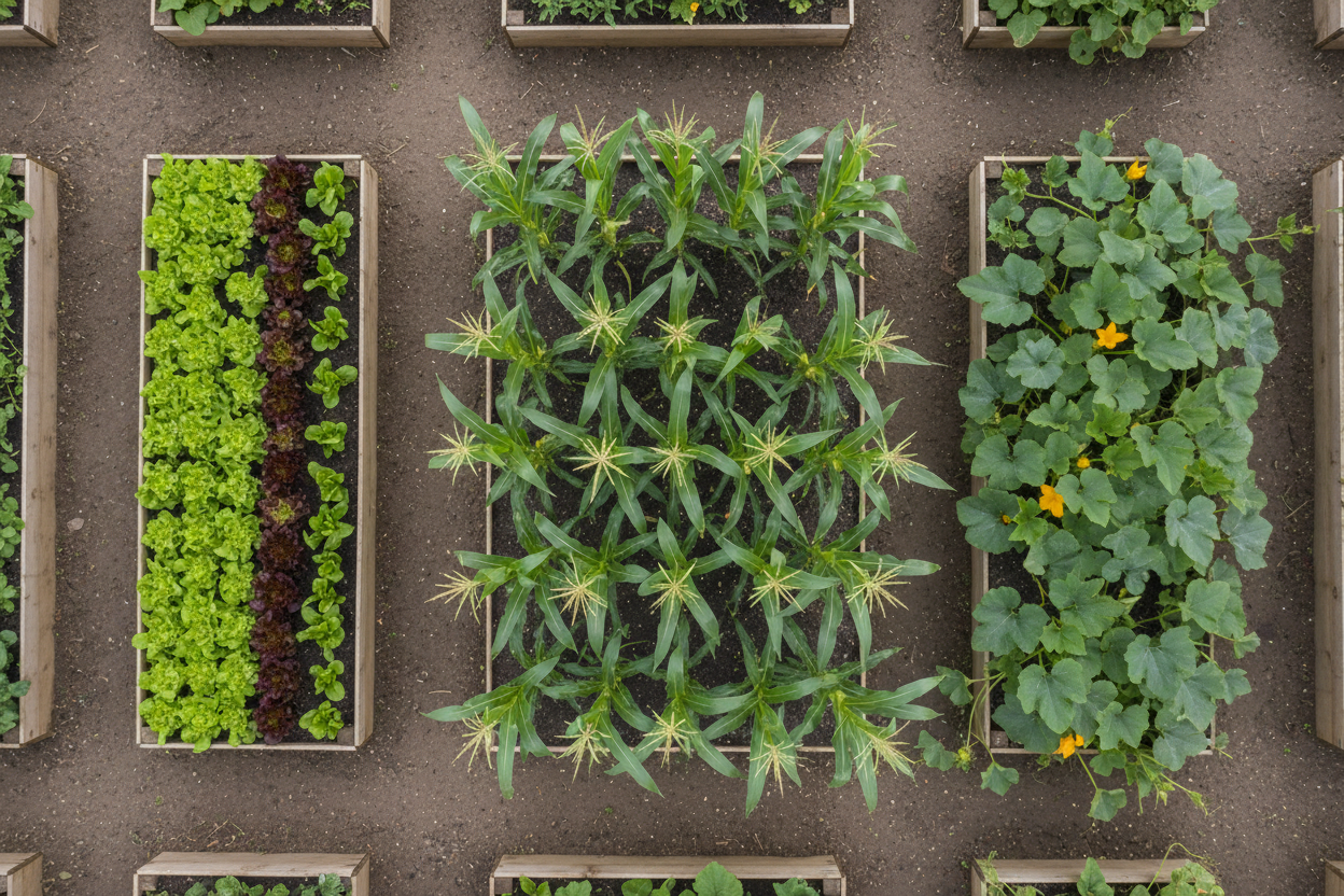 Aerial view of a UK vegetable garden using block planting layout with sweetcorn grid, salad leaf patches and squash at bed edges