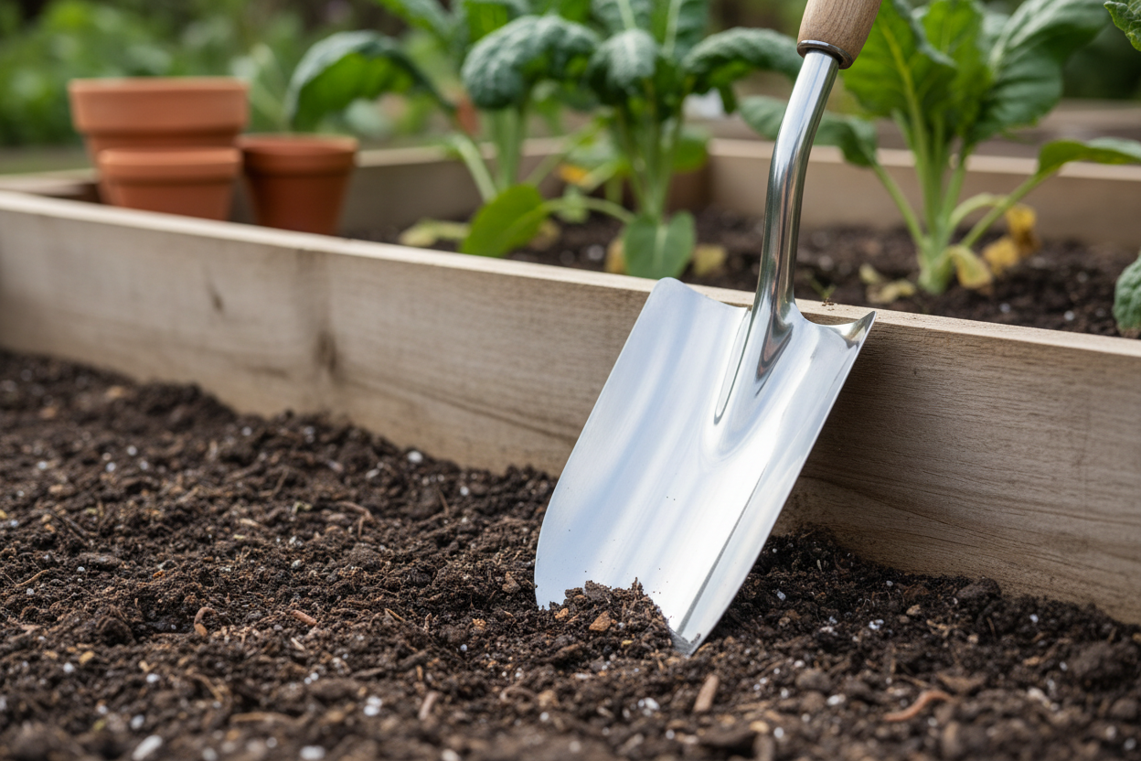 Lightweight border spade with polished stainless blade resting against a raised UK vegetable bed with dark crumbly soil
