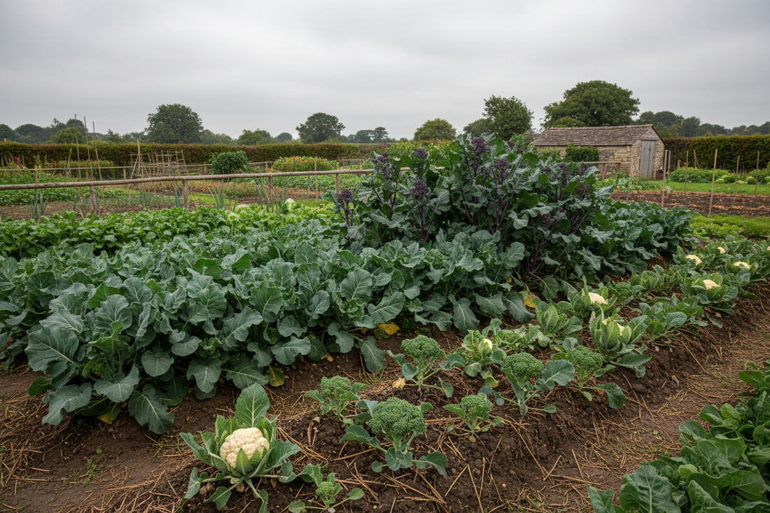 Cauliflower, broccoli and purple sprouting broccoli growing in a UK kitchen garden bed with rich dark soil