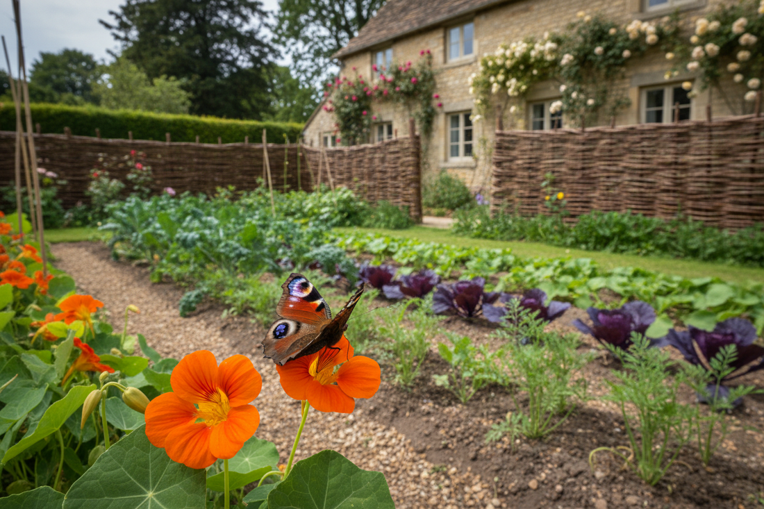 Butterfly resting on a nasturtium flower at the edge of a UK kitchen garden