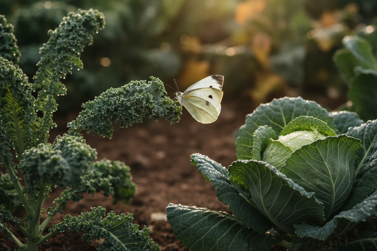 Cabbage white butterfly hovering near green brassica plants in a UK vegetable garden
