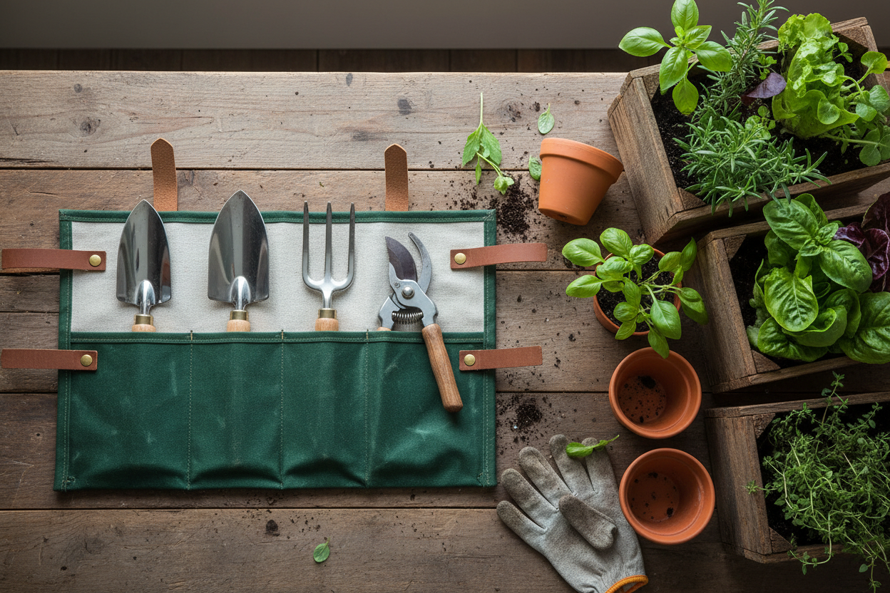 Canvas tool roll containing hand trowel, hand fork and secateurs beside a small container vegetable garden