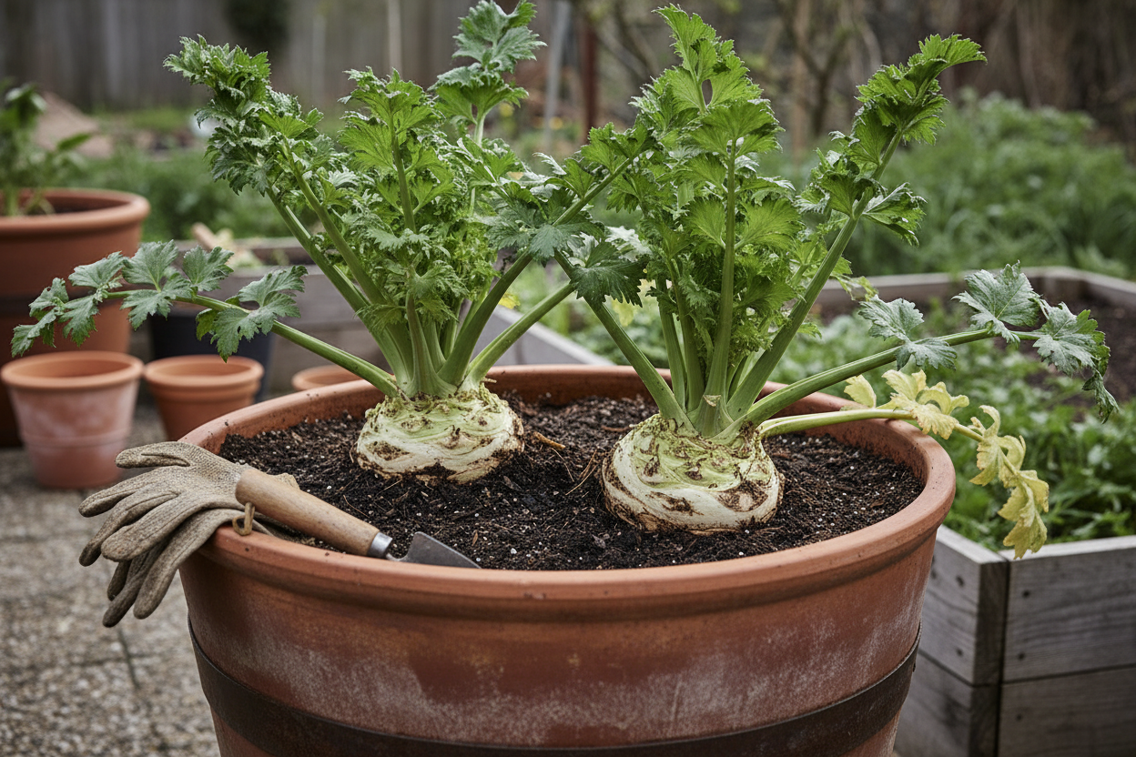 Two celeriac plants growing in a deep half-barrel container filled with dark peat-free compost, bulbs swelling at soil level