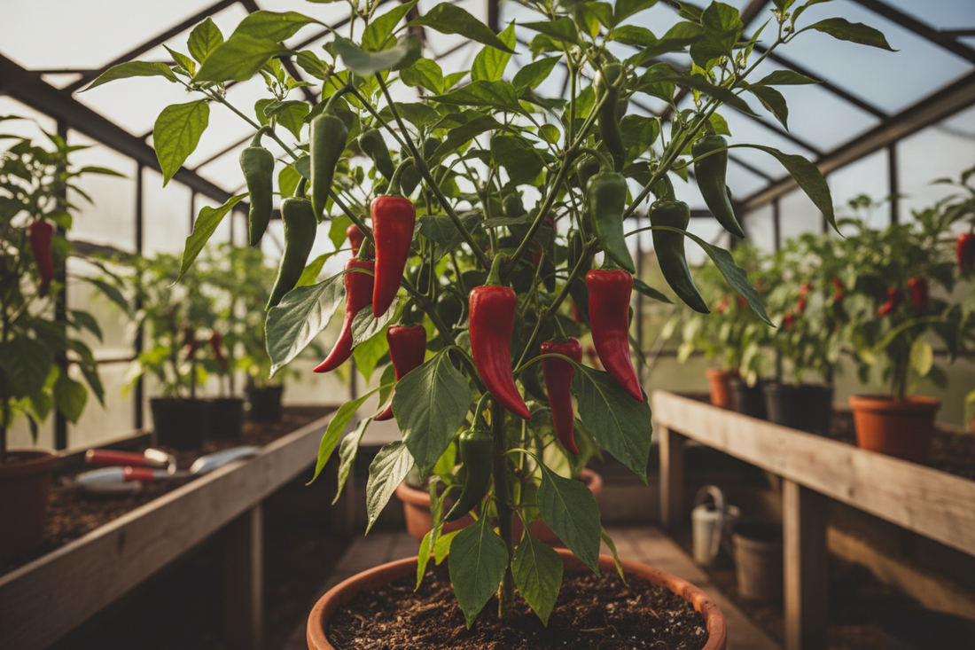 Ripe red and green chillies growing on a plant in a UK greenhouse