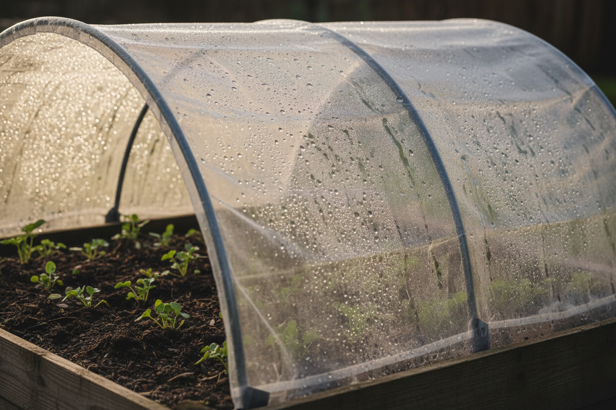 Clear polycarbonate cloche tunnel protecting vegetable seedlings in a UK garden bed in early spring