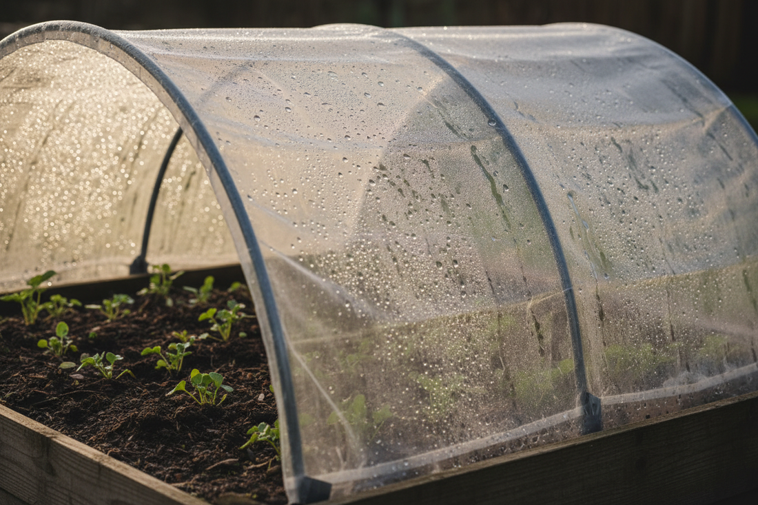 Clear polycarbonate cloche tunnel protecting vegetable seedlings in a UK garden bed in early spring