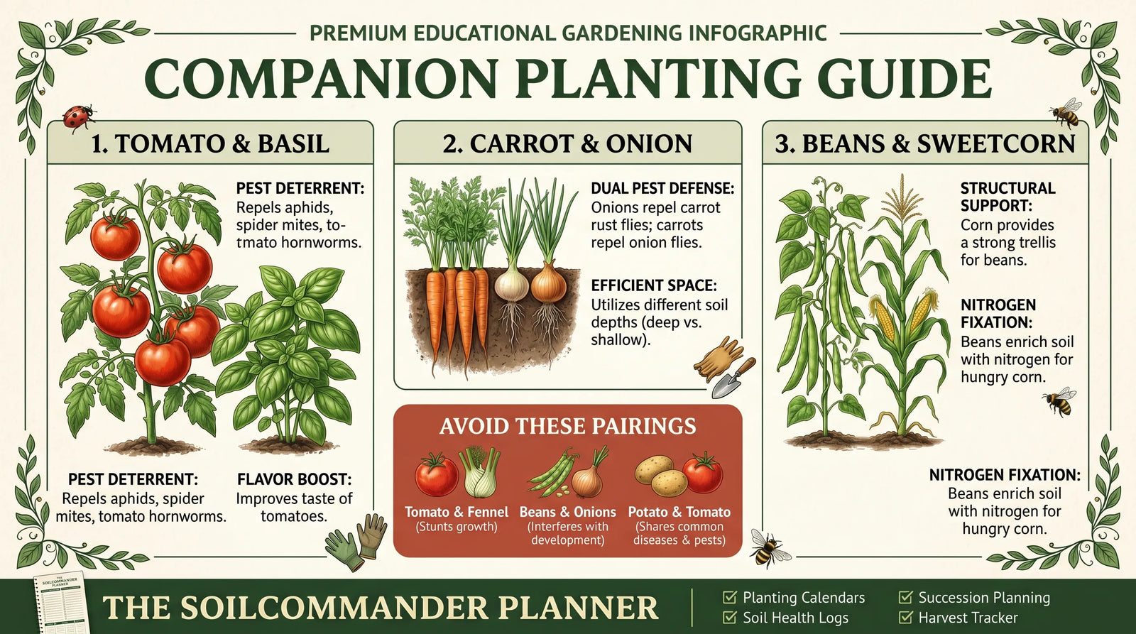 Companion planting guide page for a wildlife friendly UK vegetable garden