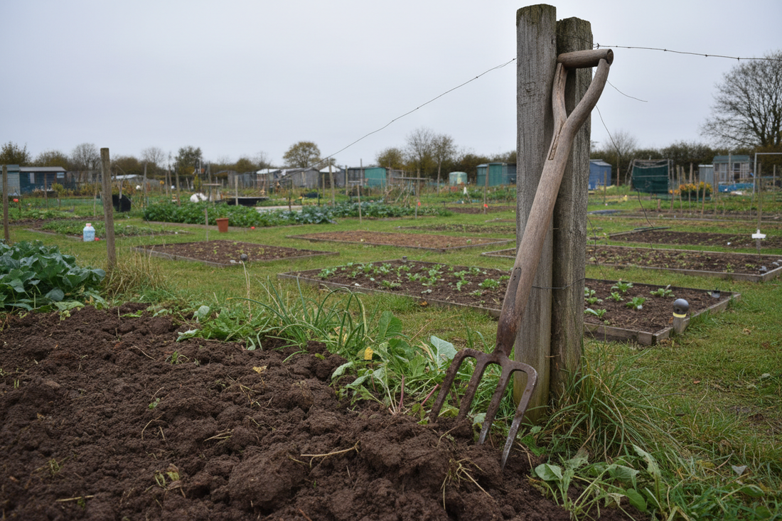 A well-used digging fork resting in freshly turned clay soil on a UK allotment garden
