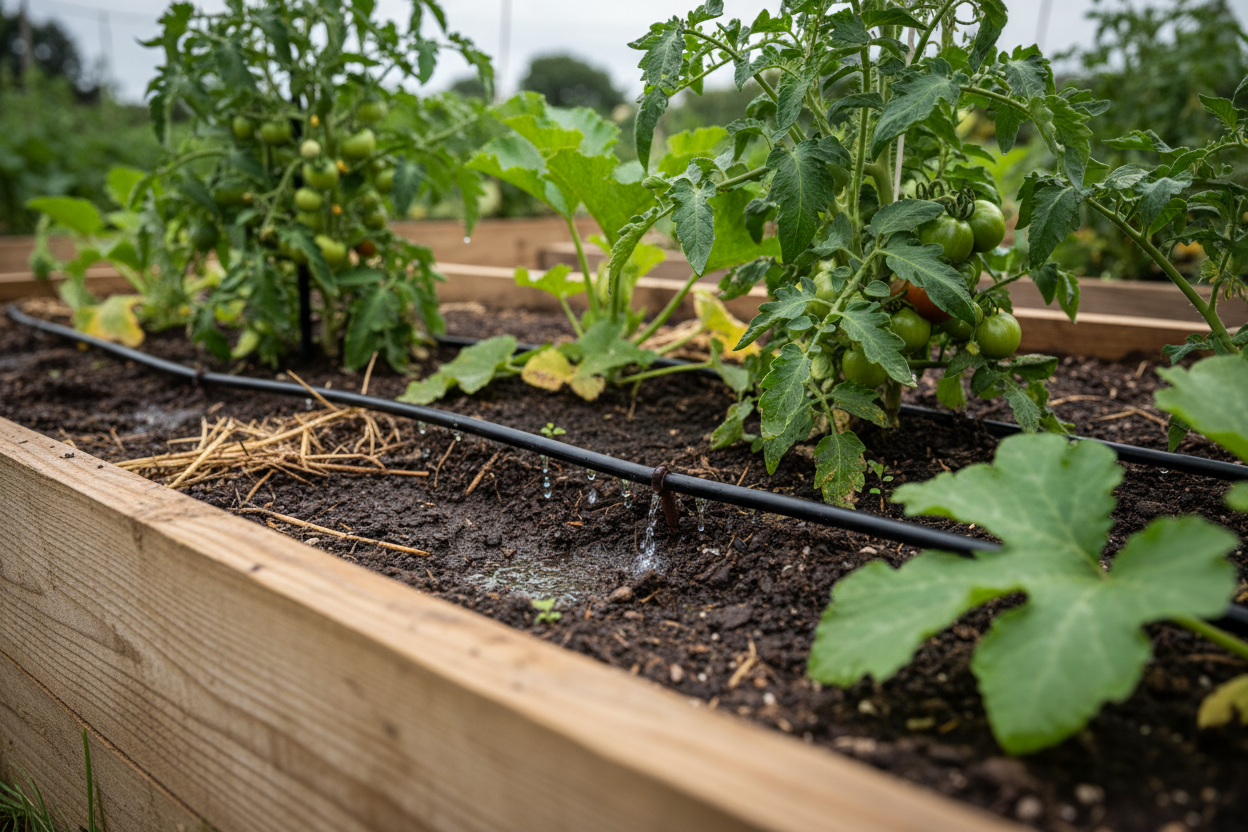 Drip irrigation emitters watering tomatoes and courgettes in a UK raised vegetable bed