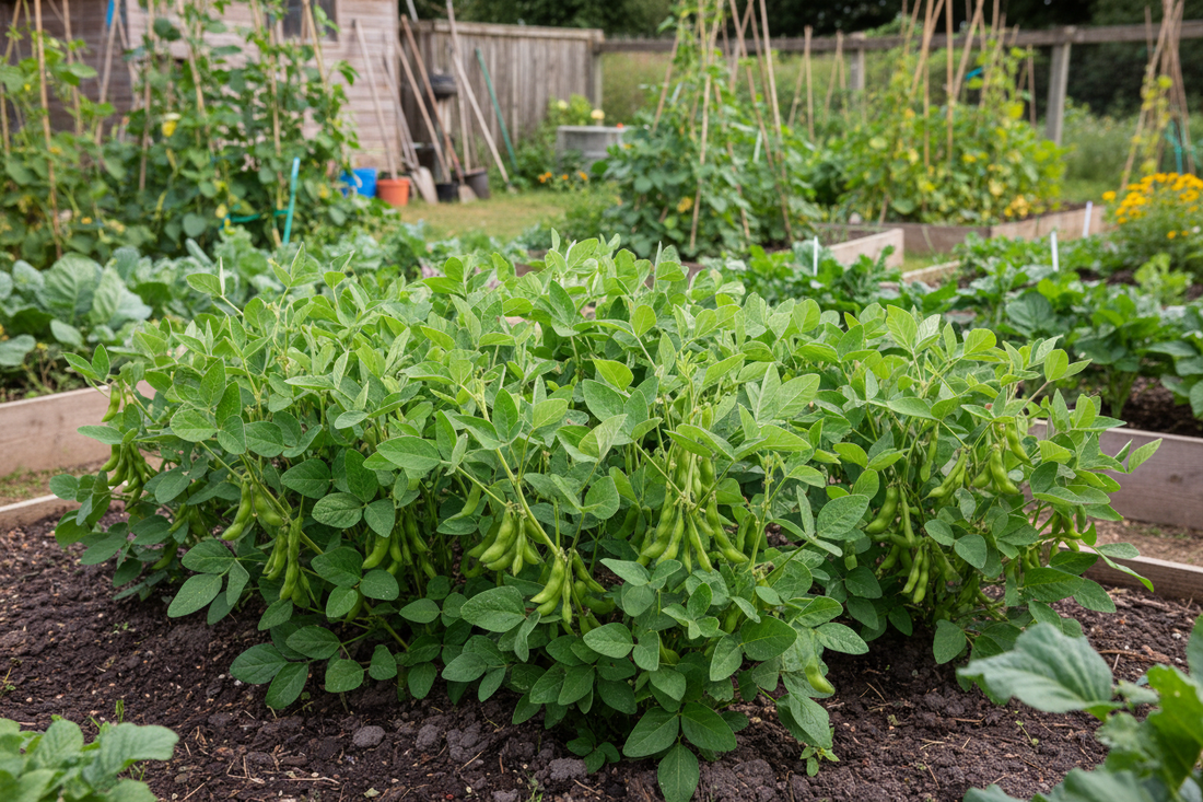 Edamame plants growing in a UK vegetable garden with plump green pods