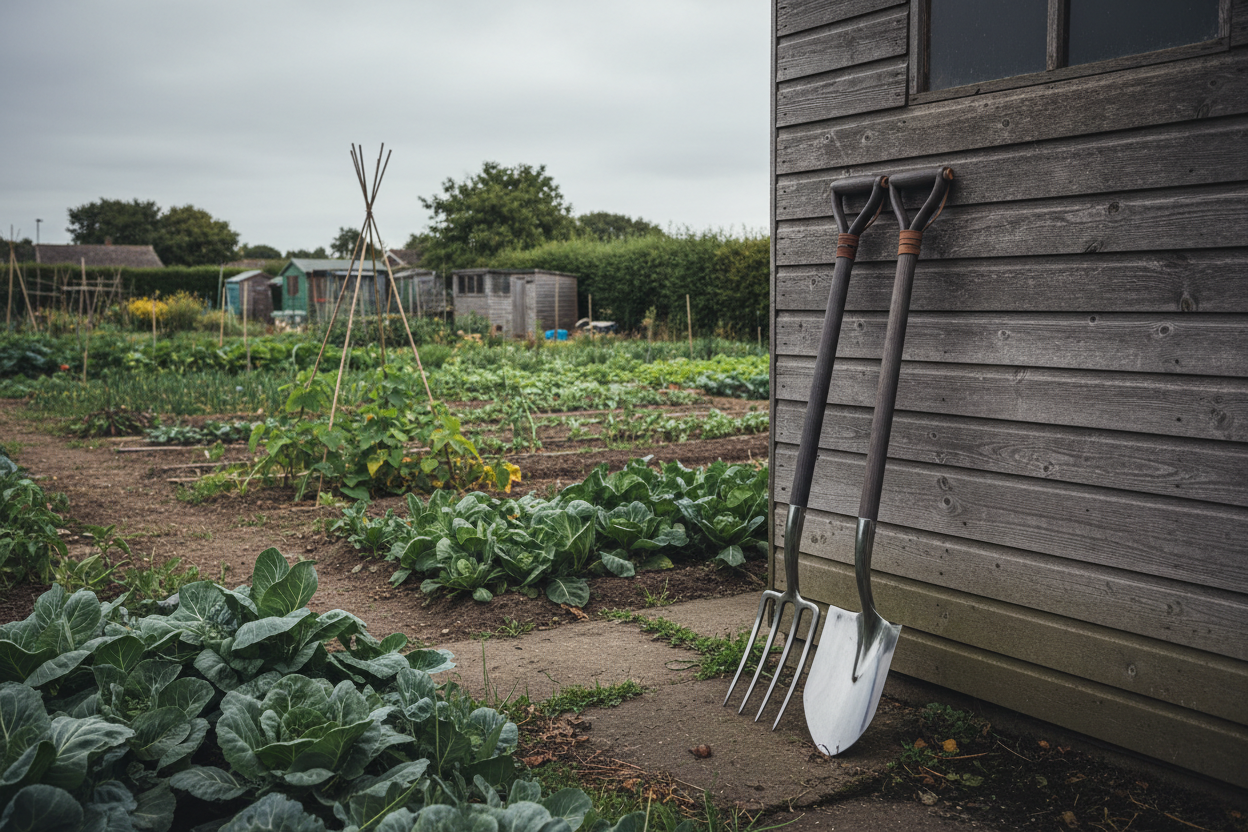 Forged stainless steel spade and fork leaning against a UK allotment shed wall