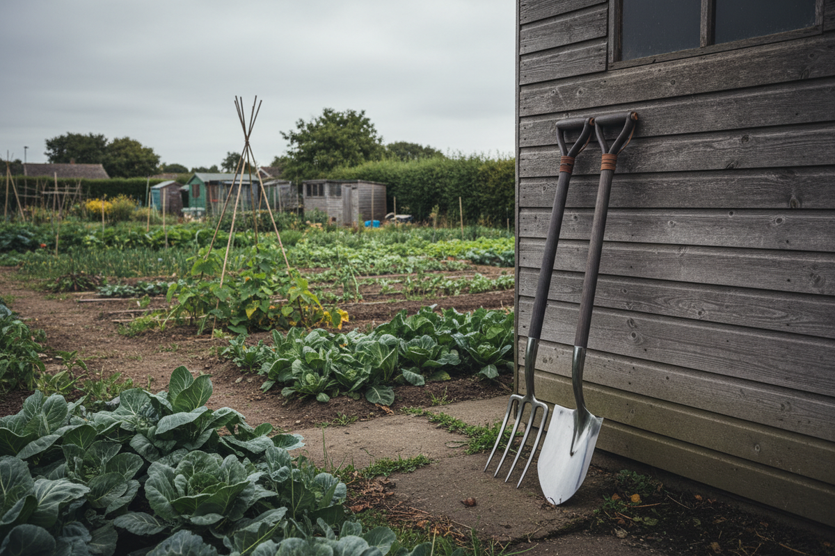 Forged stainless steel spade and fork leaning against a UK allotment shed wall