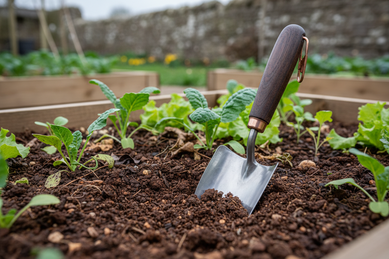 Forged stainless steel trowel pressed into dark clay soil in a UK raised vegetable bed