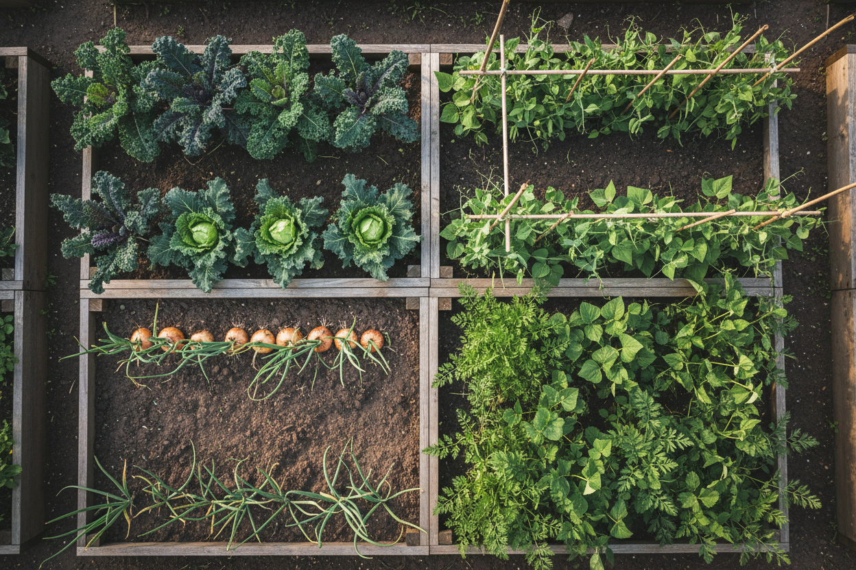 Four raised beds in a UK allotment showing crop rotation families — brassicas, legumes, alliums and root vegetables — SoilCommander