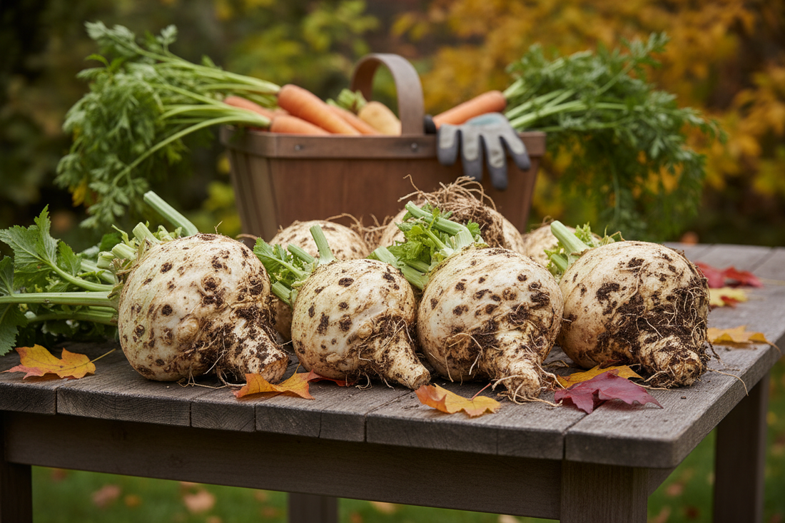 Freshly harvested celeriac roots with soil on a rustic wooden surface, UK autumn harvest