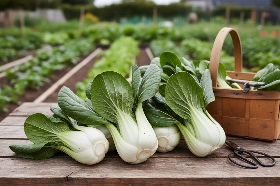 Freshly harvested pak choi heads with crisp white stems and glossy green leaves in a UK kitchen garden