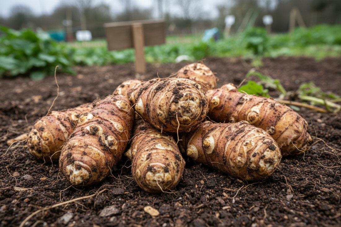 Freshly lifted Jerusalem artichoke tubers with soil still clinging to the skin, ready for storage