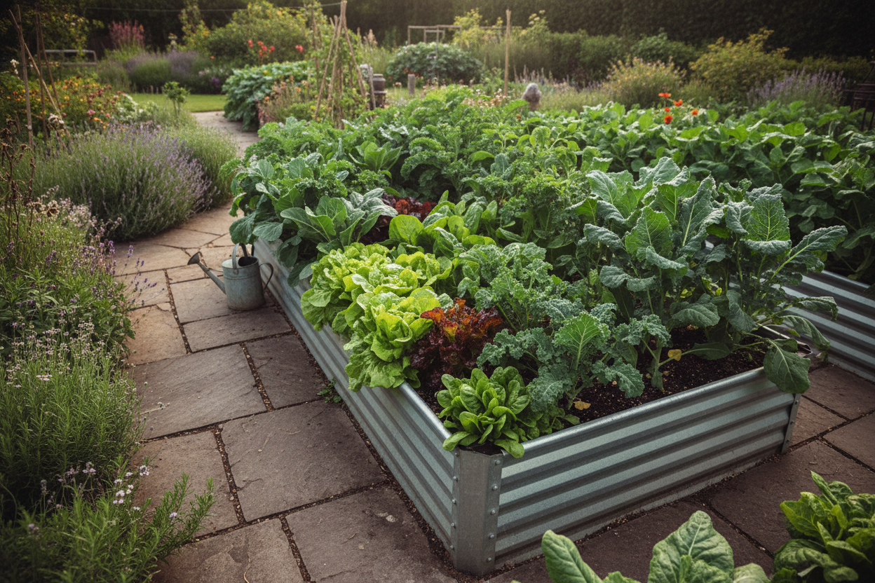 Galvanized steel raised bed filled with thriving vegetables in a UK garden