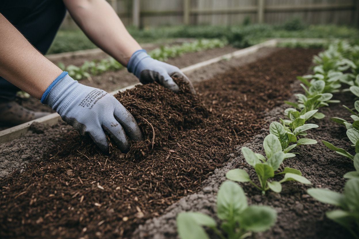A gardener spreading dark garden compost over a UK vegetable bed, enriching the soil with organic matter