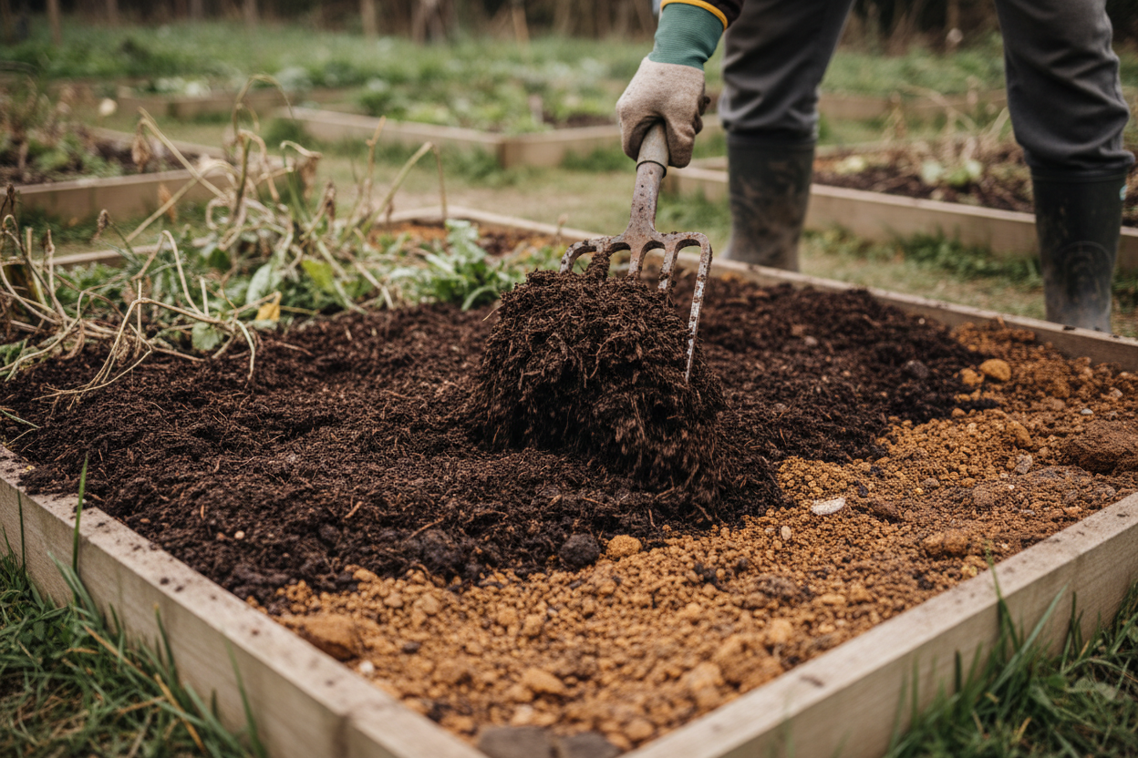 Garden fork turning dark compost into a UK vegetable bed to improve soil structure
