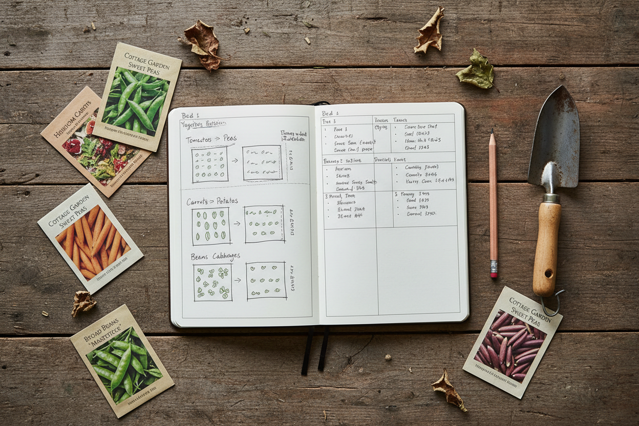 Open UK vegetable garden planner notebook with seed packets, pencil and trowel on a wooden table