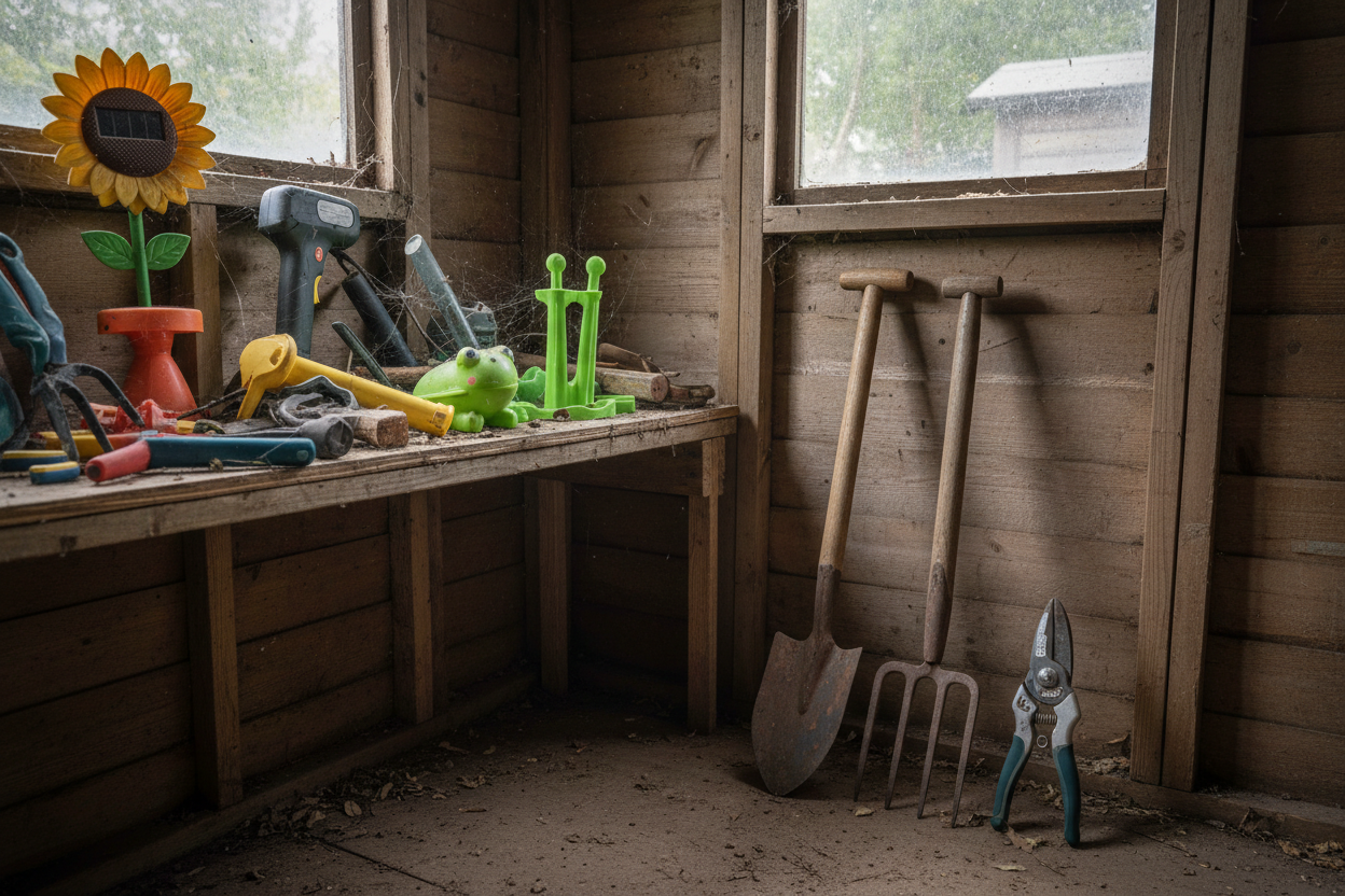 UK garden shed shelf with novelty gadgets gathering dust next to essential gardening tools — spade, fork, secateurs