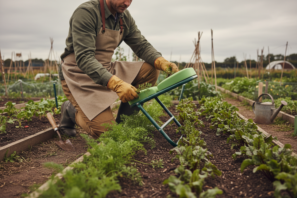 Gardener using a flip-over kneeler on a UK allotment, kneeling comfortably to weed between carrot and beetroot rows