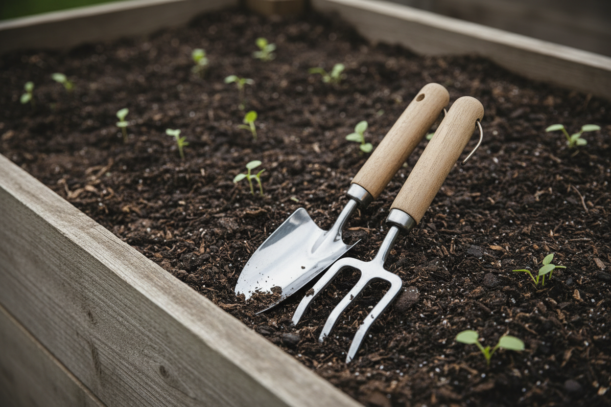 Stainless steel hand trowel and fork resting on a raised vegetable bed with dark compost and green seedlings, UK garden