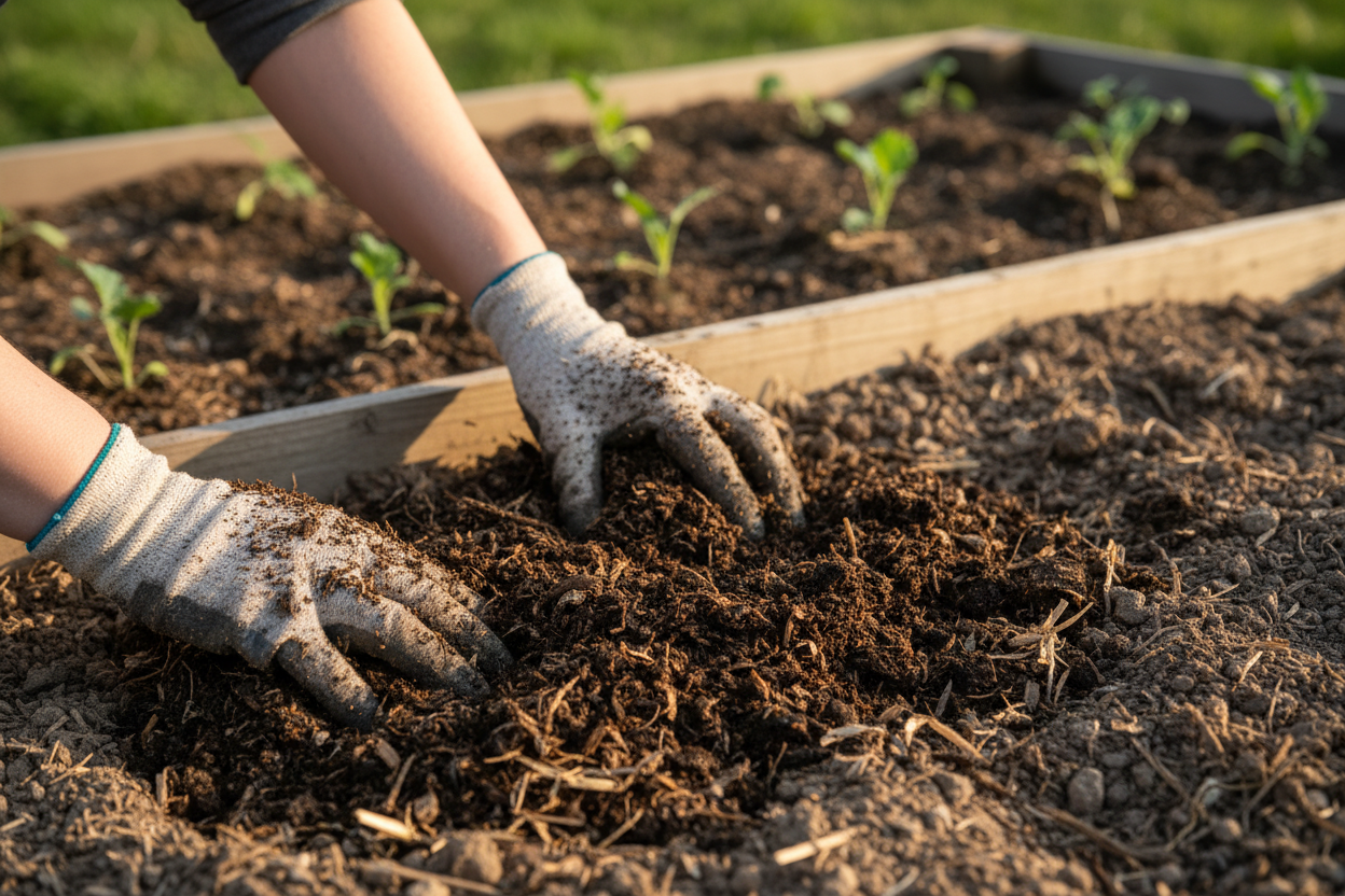 Hands working well-rotted compost into UK vegetable garden soil to improve fertility and structure