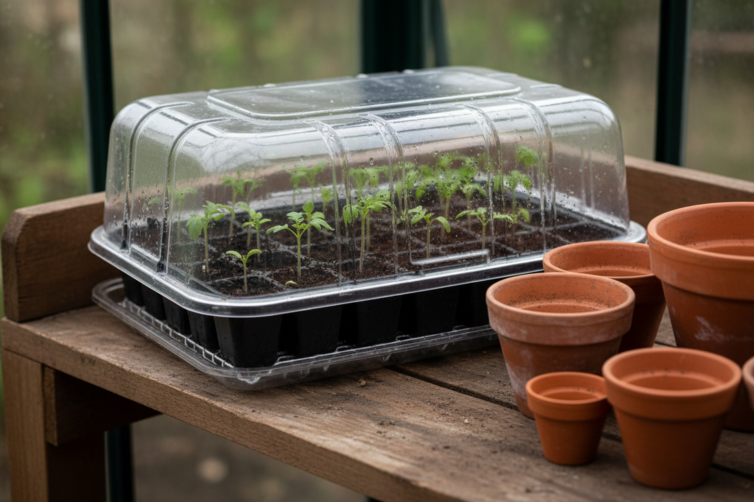 Heated seed propagator tray with tomato and chilli seedlings germinating on a UK potting bench