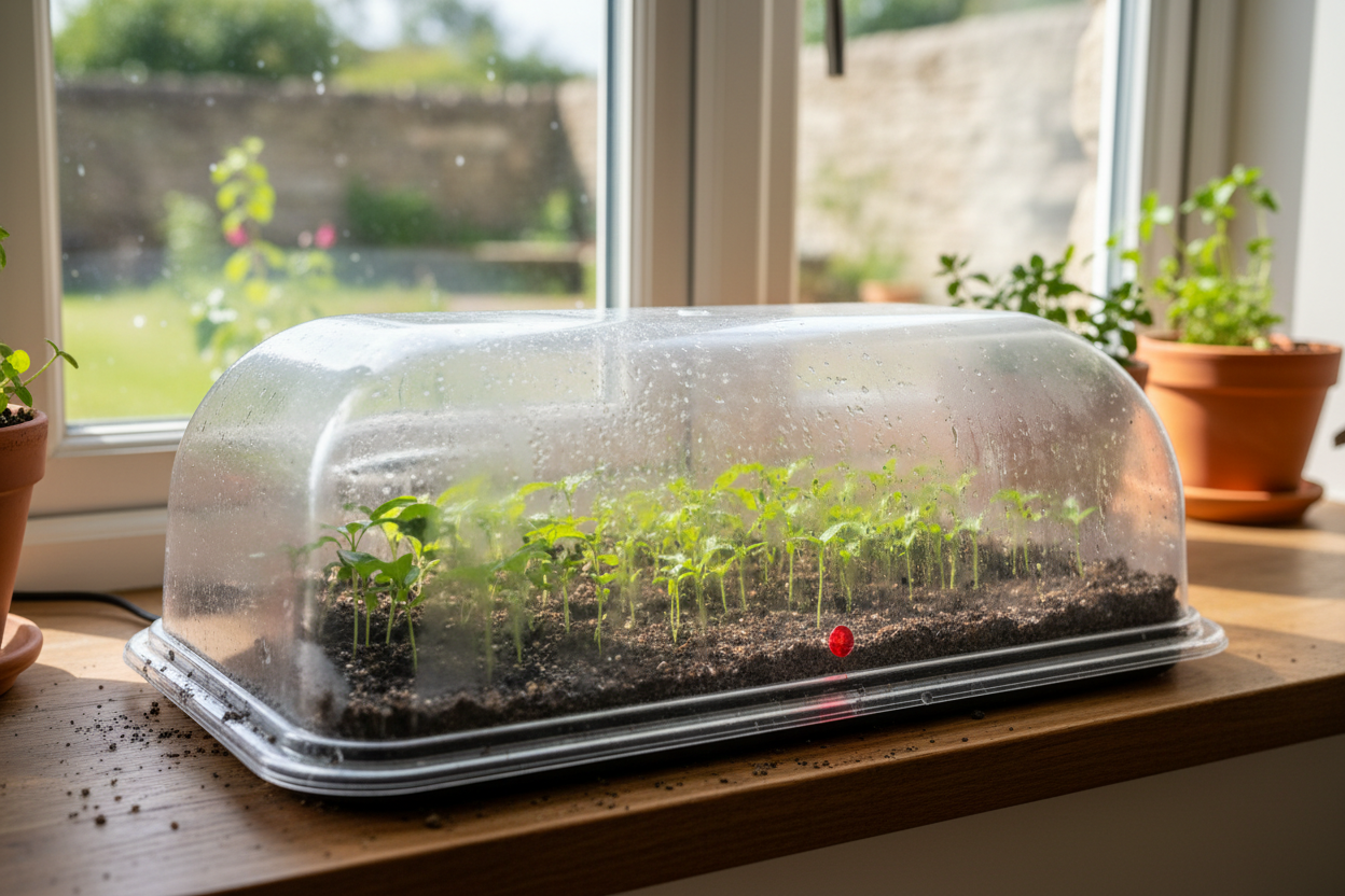 Heated propagator with chilli seedlings on a UK windowsill