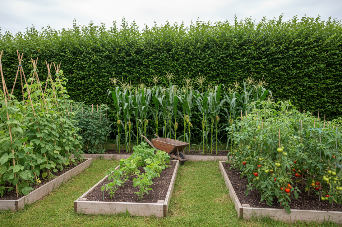 A neatly trimmed boundary hedge sheltering raised vegetable beds in a UK garden, acting as a natural windbreak