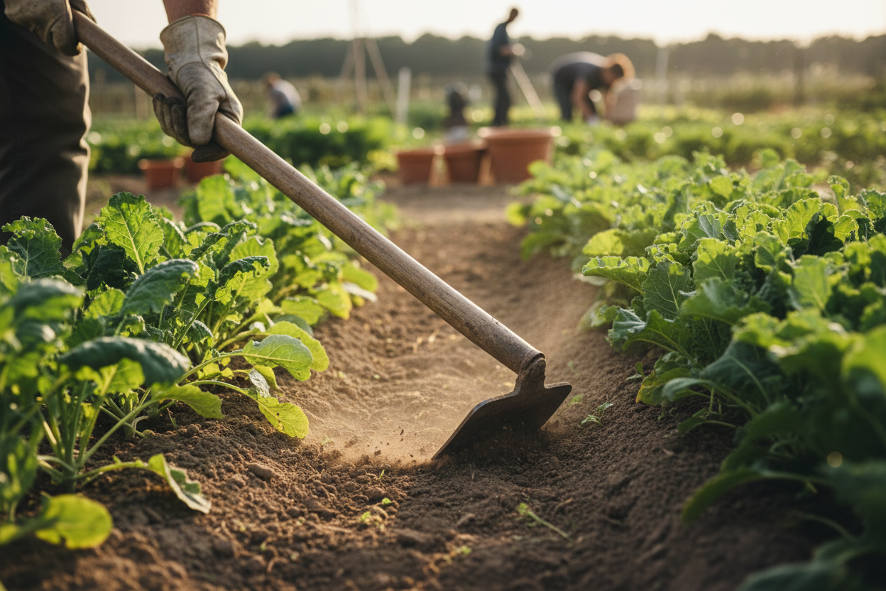 A gardener hoeing between vegetable rows on a UK allotment plot on a dry sunny morning