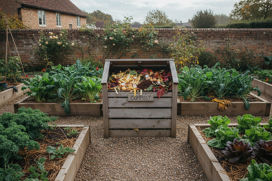 Wooden compost bin with kitchen peelings and autumn leaves beside raised vegetable beds in a small UK garden