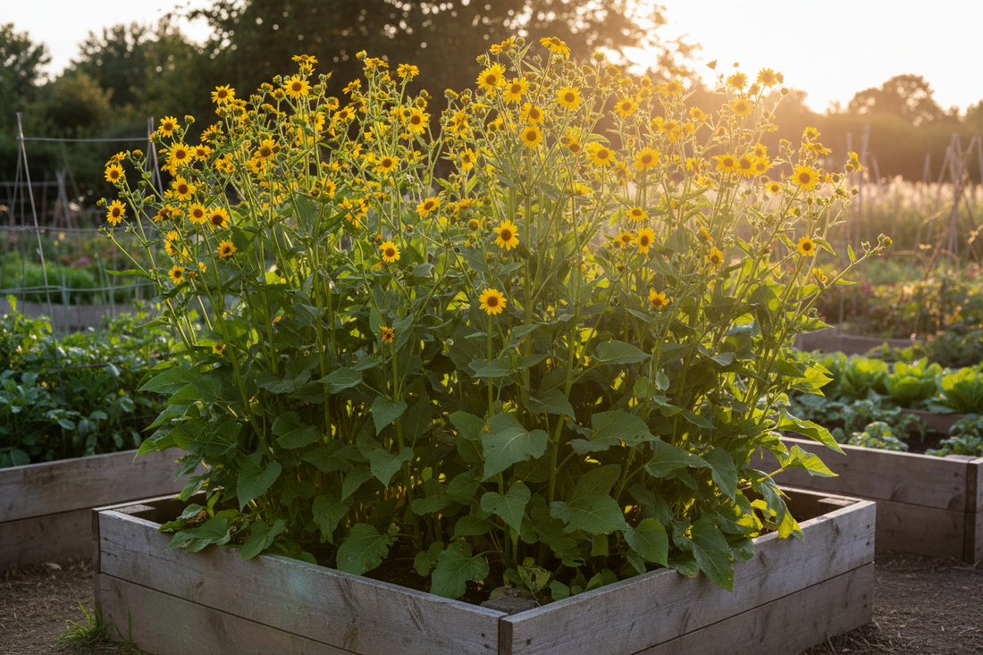 Tall Jerusalem artichoke plants with yellow sunflower-like flowers growing in a UK vegetable garden in late summer
