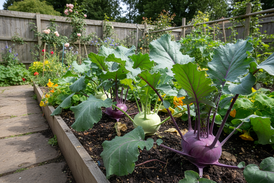 Kohlrabi plants growing in a UK vegetable garden showing green and purple bulbs
