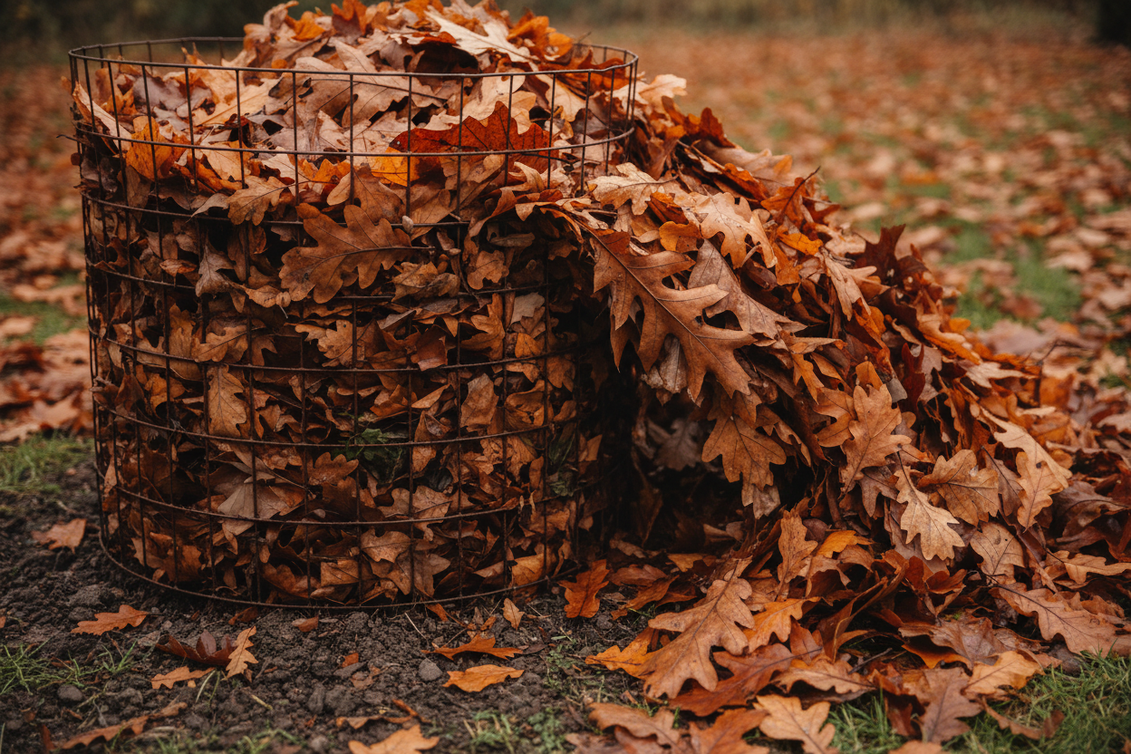 Autumn leaves being collected into a wire-mesh compost bin to make leaf mould in a UK vegetable garden