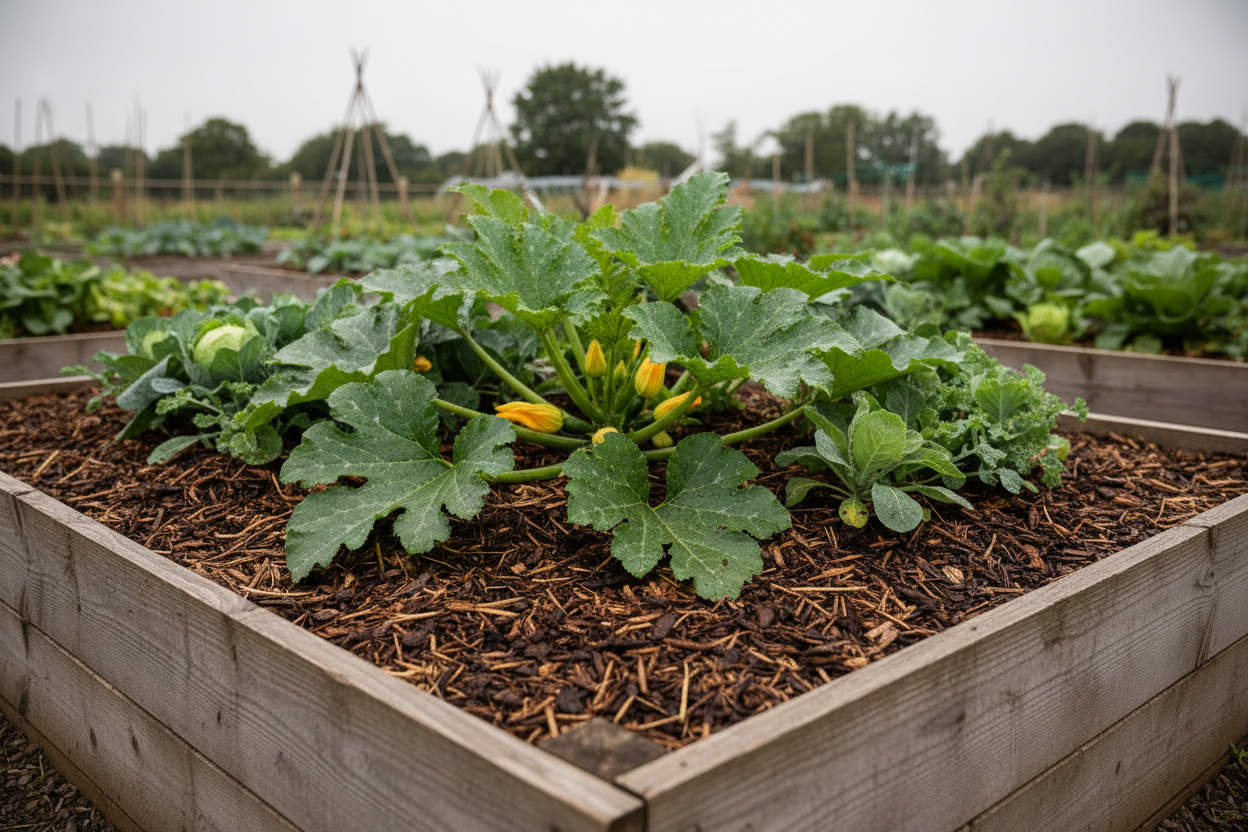 Mulched raised vegetable bed with brassicas and courgettes in a UK garden, showing climate-smart soil cover