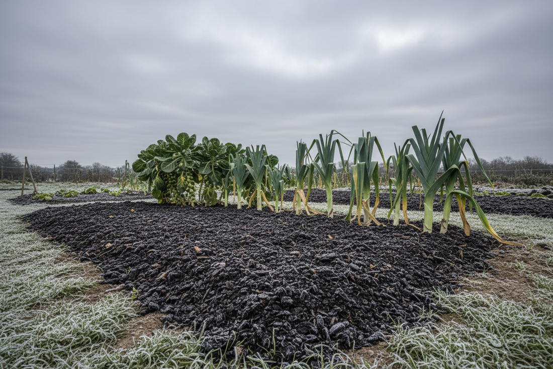 Mulched vegetable bed with leeks and Brussels sprouts protected against UK winter frost