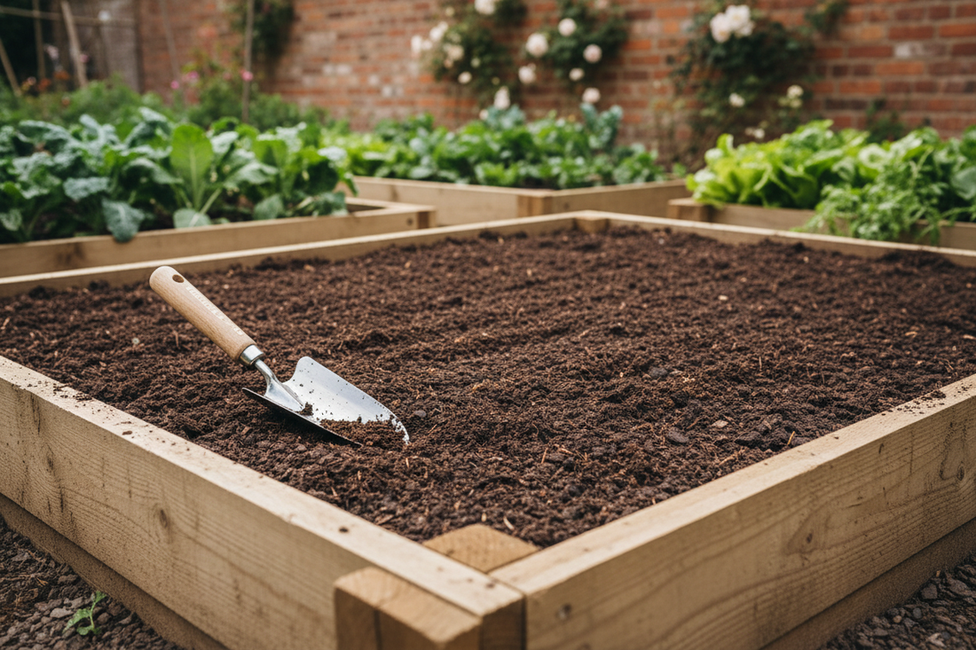 A neatly levelled and compost-enriched vegetable bed ready for planting in a UK kitchen garden
